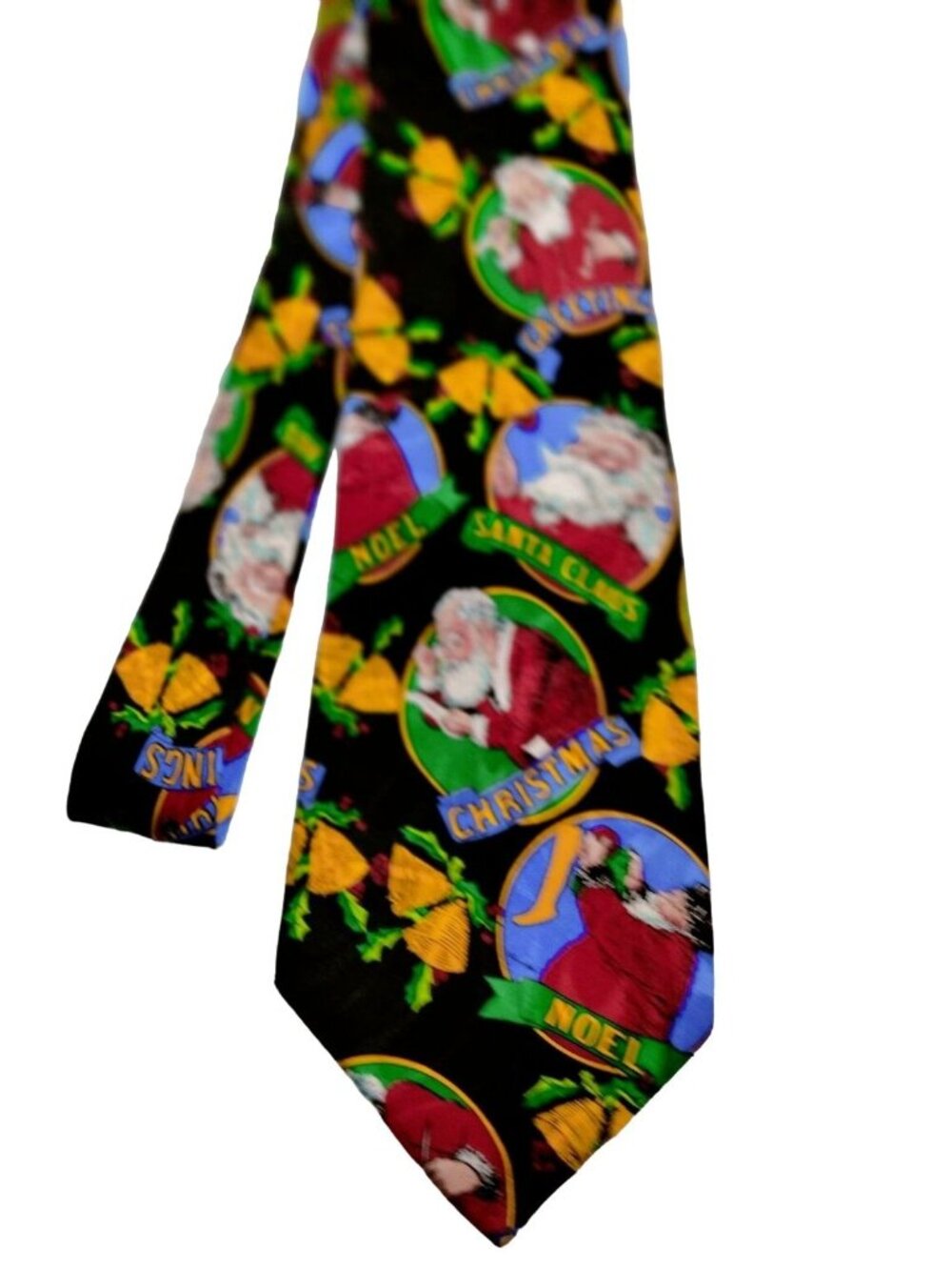 Addictions Holiday Silk Tie Christmas Santa Claus Bell Noel Black Colorful Handm